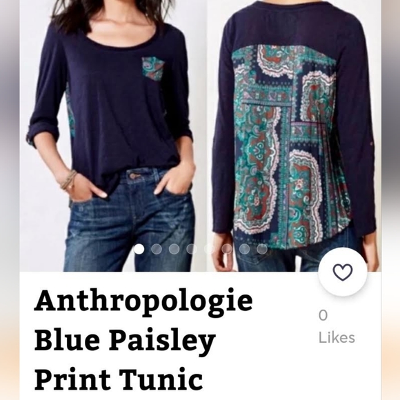 Anthropologie Navy Blue Paisley Flowy Long Sleeve Hi Lo Top Shirt Blouse Tunic - Picture 14 of 14
